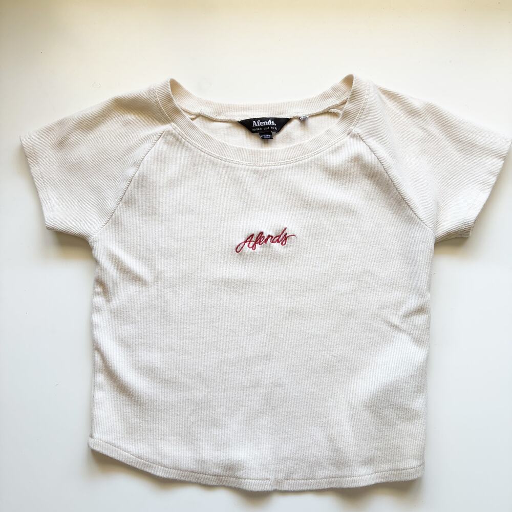Afends Australia Cream Crop Rib Tee Size 4US Embroidered Logo Streetwear Kidcore